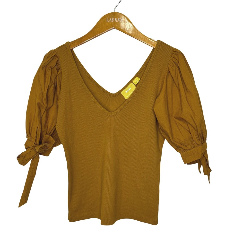 Maeve by Anthropologie Puff Sleeve Ribbed Top Small Brown‎